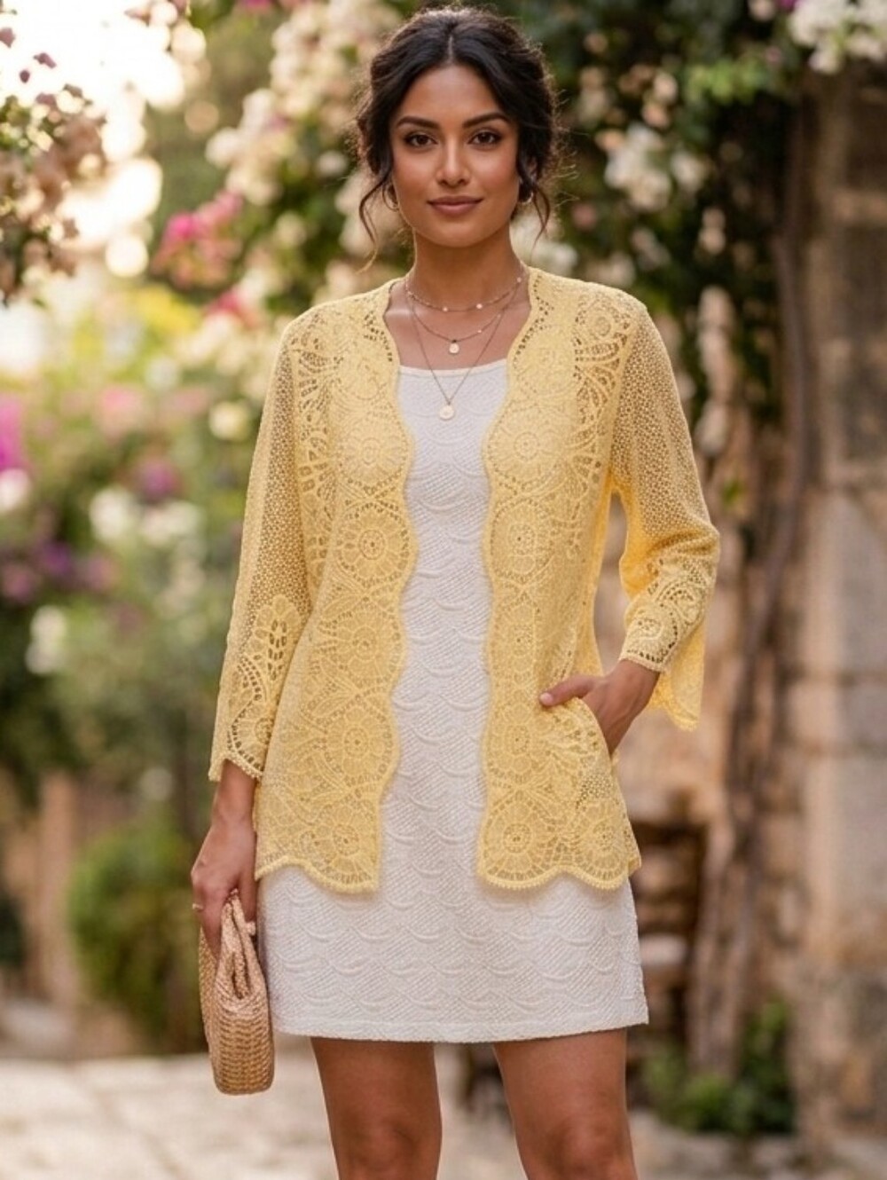 Alfred Dunner Floral Bright Yellow Cut Out Cardigan Womens Size Large Coastal